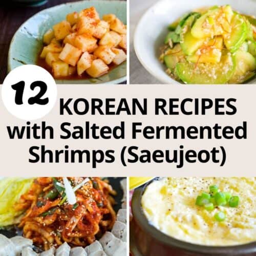 collage of 4 korean dishes that use saeujeot salted fermented shrimps