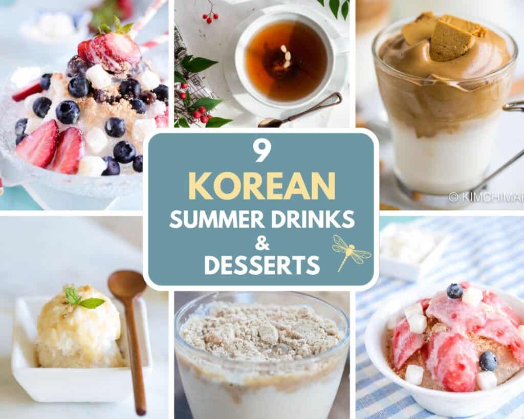 photo collage of 9 korean summer drinks and desserts