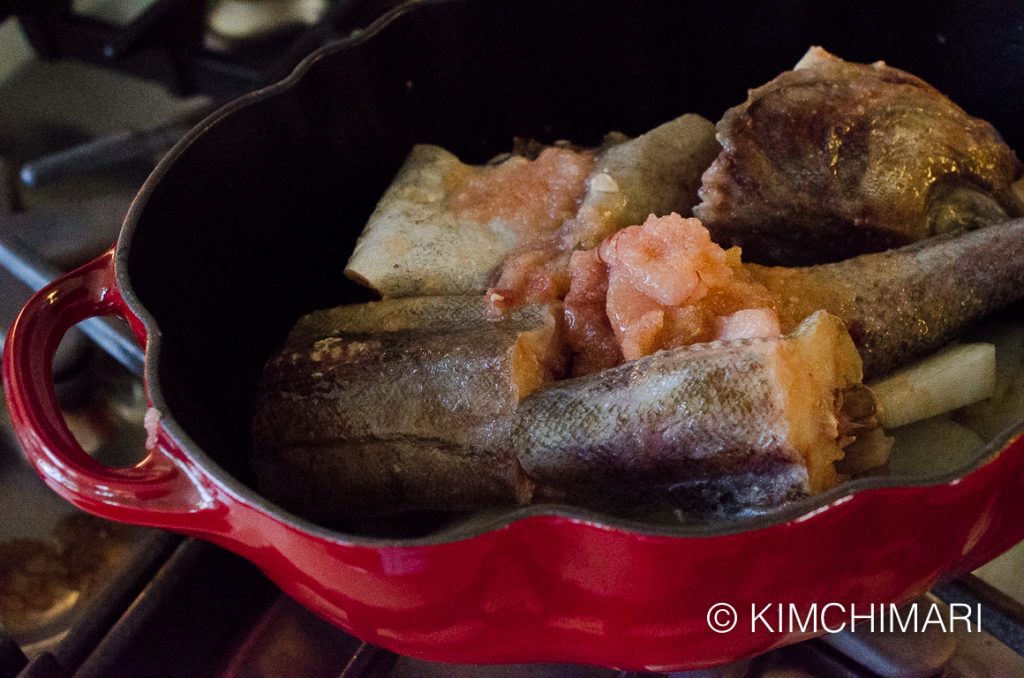 Alaska Pollock in pot for Dongtae Jjigae