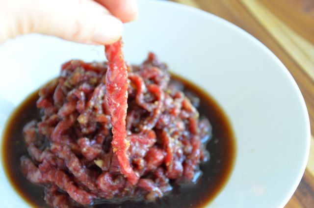 marinated beef strips for Korean Ddukbokki