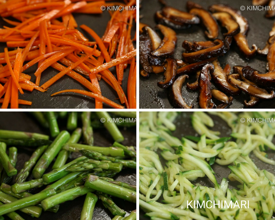 4 pics of carrot, zucchini, asparagus, shitake sauteeing in pan