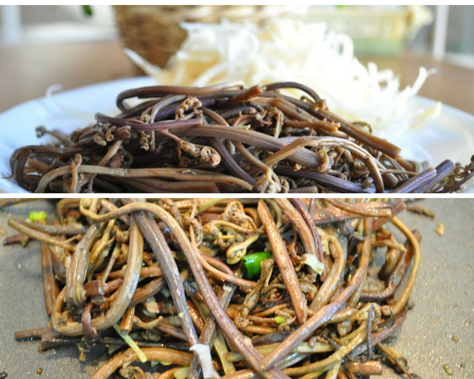 Two pics of reconstituted bracken fiddleheads and then sauteing in pan