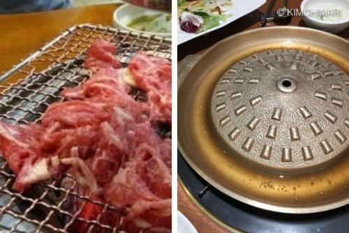 pics of 2 different bulgogi grills - mesh grid and steel domed pan with rim