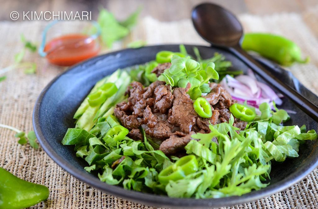 Bulgogi Rice Bowl with Perilla Ssukat and Gochujang sauce