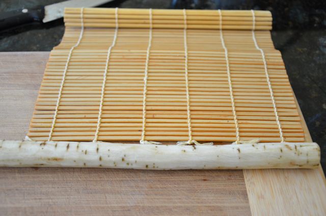 Burdock root for gimbap in front of bamboo mat