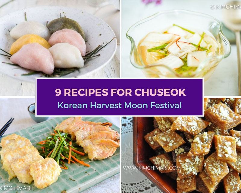 collage image of 4 Chuseok recipes including jeon, songypeon, mul kimchi and yakgwa