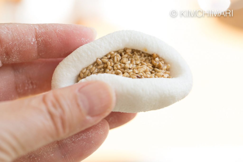 closing up sesame filled rice dough cup