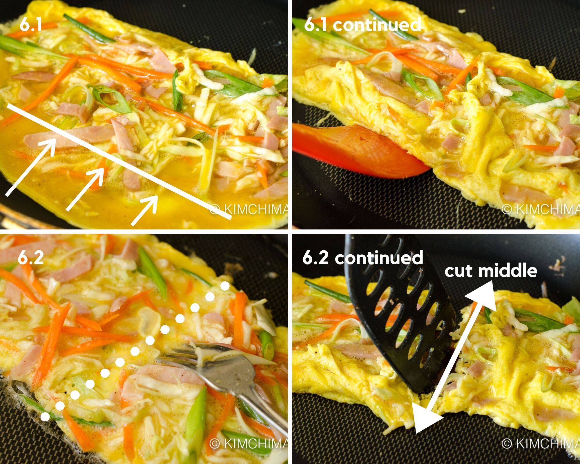 4 pics of pan frying egg omelette into a rectangle shape on frying pan for korean street toast