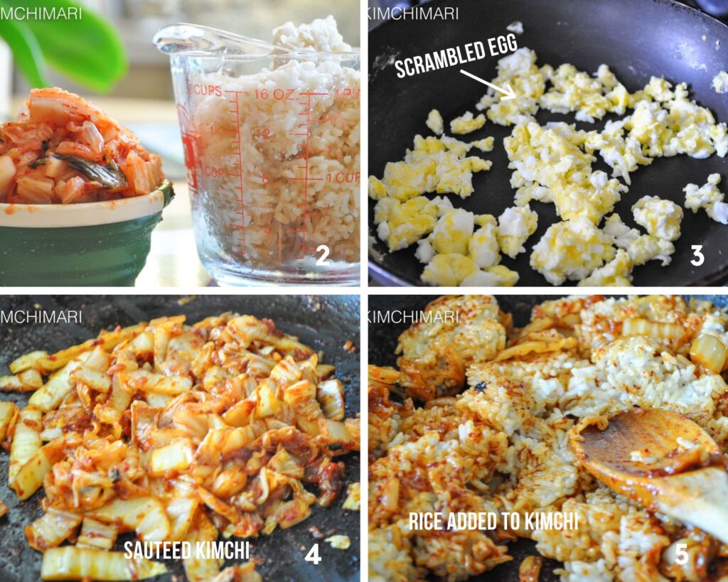 steps of sauteeing kimchi, egg and rice in pan