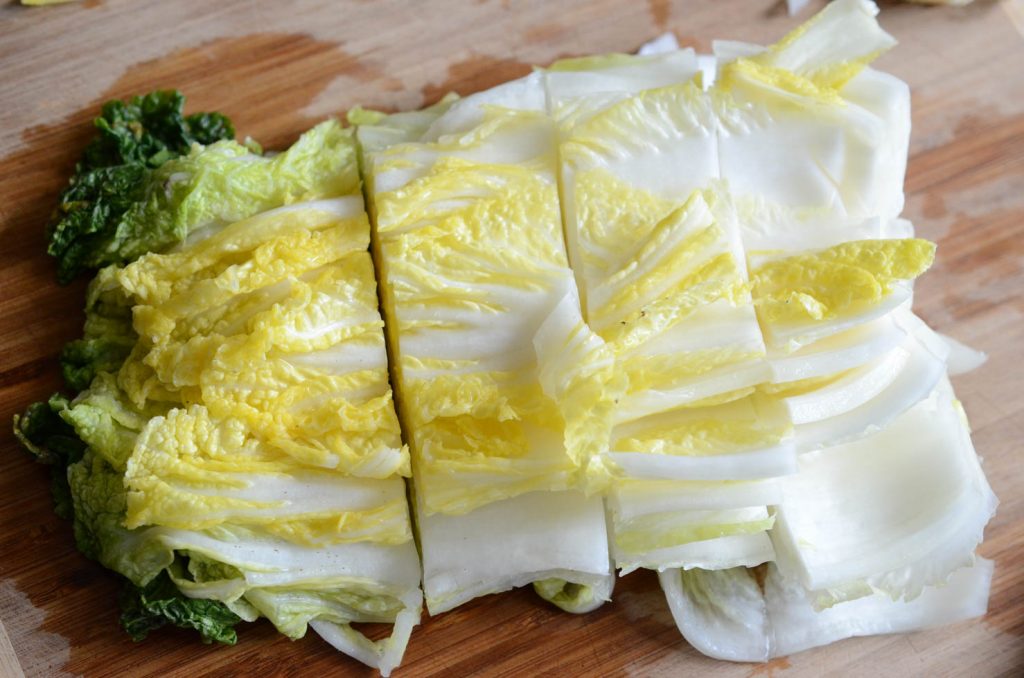 Cutting cabbage for Easy Kimchi