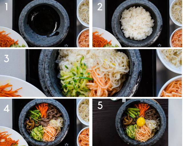 Step-by-step pics of how to add rice and toppings to dolsot bibimbap