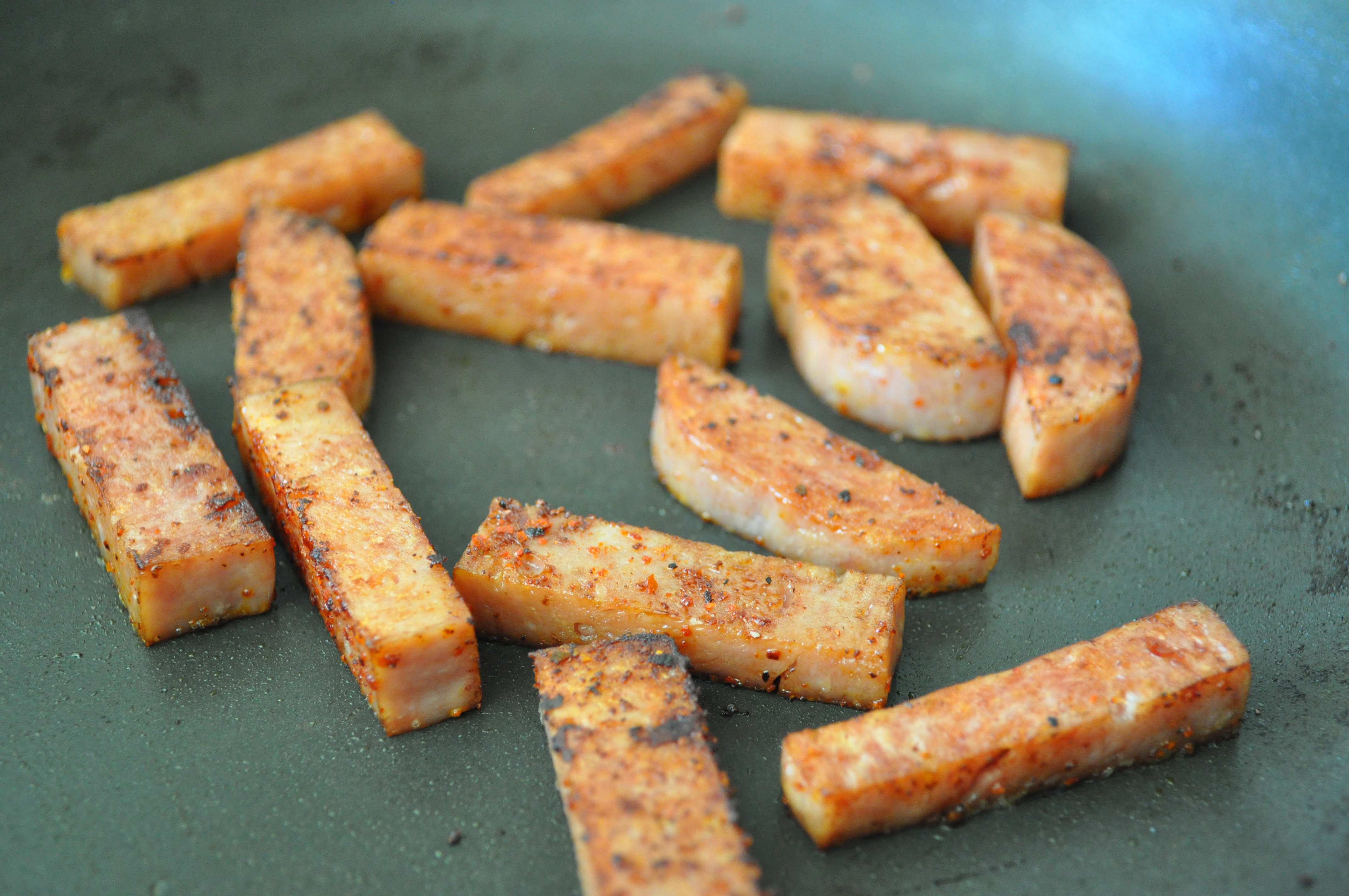 spam cooked in soy sauce, chili powder