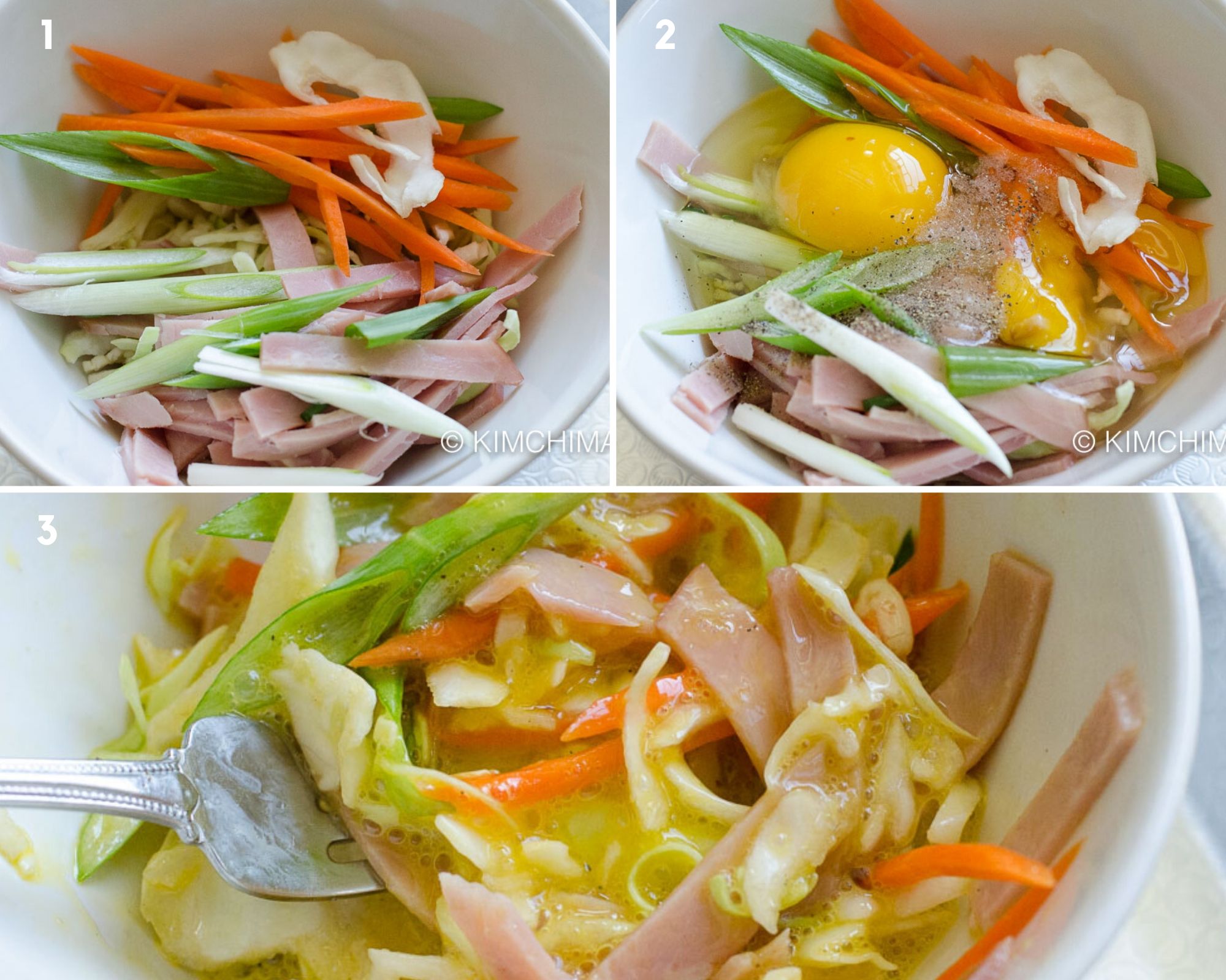 step by step pics of mixing vegetables, ham and egg in bowl with fork