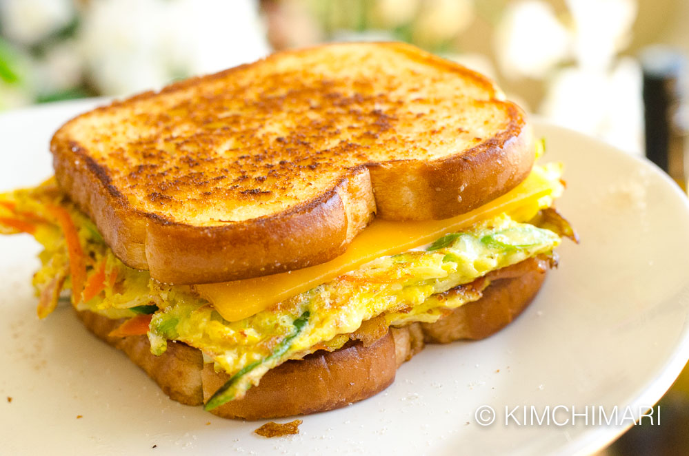 korean street toast assembled on white plate