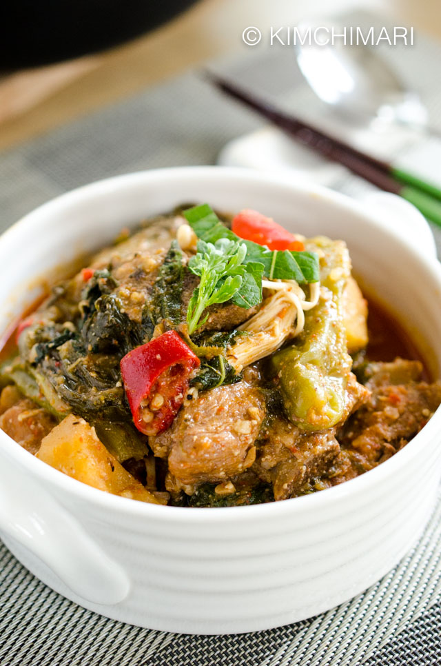 Gamjatang in small white bowl - close up