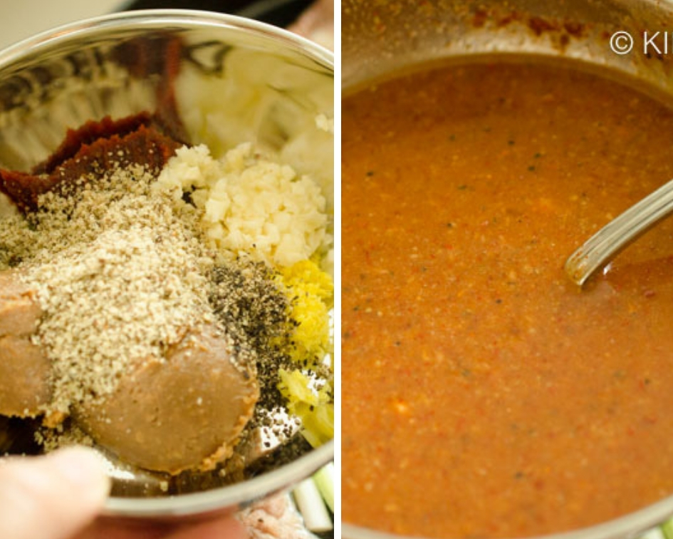 side by side view of gamjatang sauce before and after adding liquid