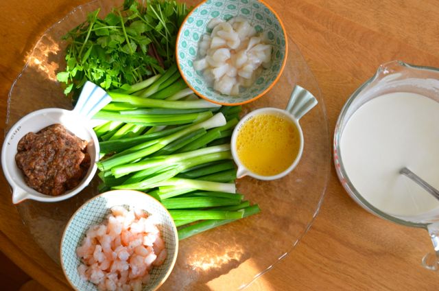 Pajeon ingredients all set up in bowls and plates - mis en place