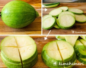 step by step images of slicing squash then cutting into quarters for hobak bokkeum