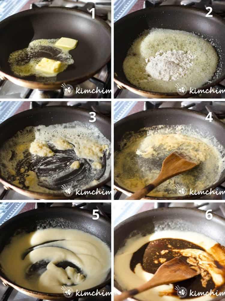 6 step by step pics of making brown sauce for Korean chicken katsu