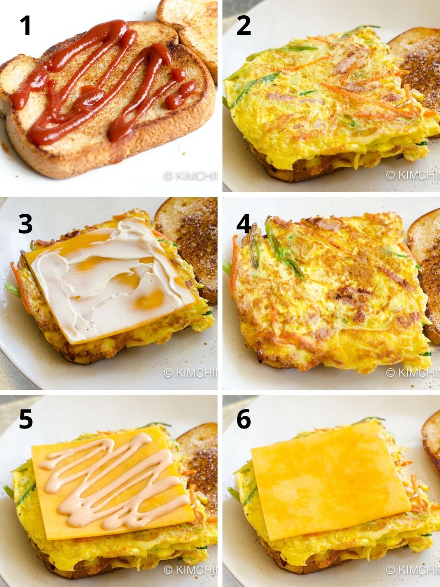 6 step by step pics of how to assemble Korean Street Toast