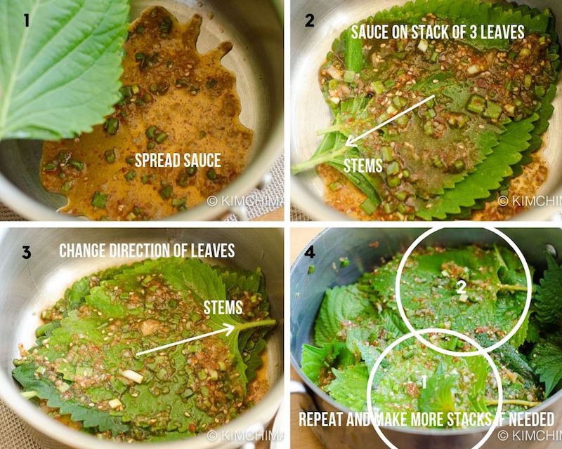 4 step by step image of stacking leaves in pot and sauce