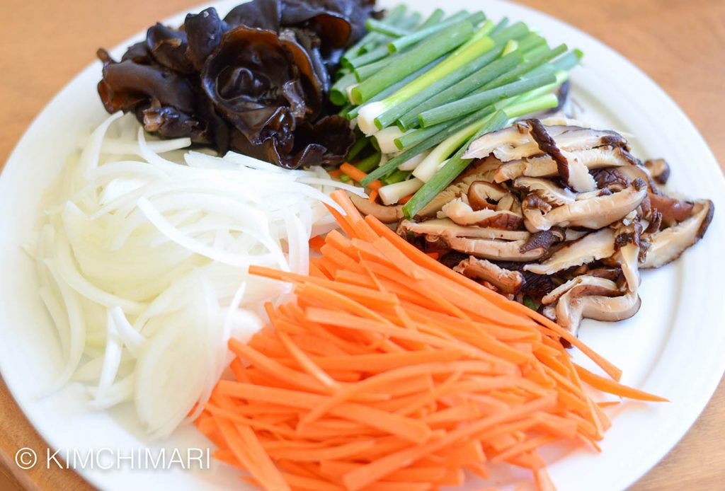 Japchae ingredients for vegan one-pan recipe