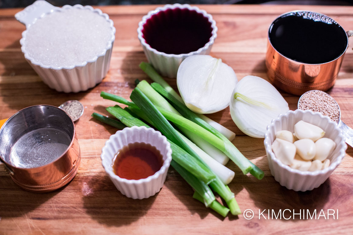 ingredients for kalbi marinde all laid out on cutting board