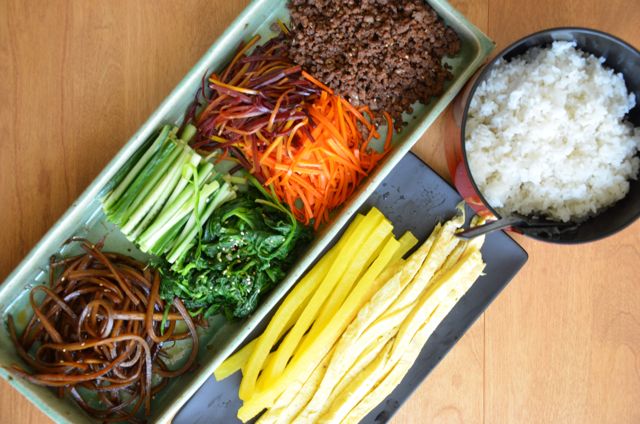 Ingredients for Korean Kimbap or Gimbap Roll (Rice rolled in dried seaweed)