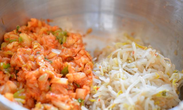 chopped kimchi and bean sprouts for mandu stuffing