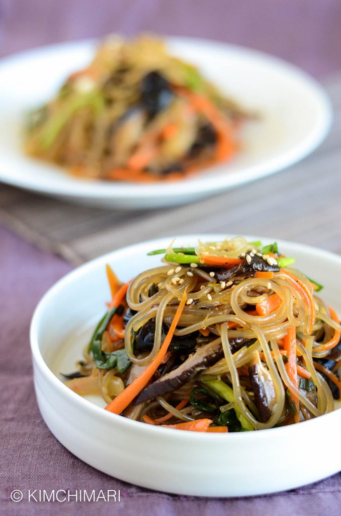 Korean Glass Noodles Japchae with shitake mushrooms