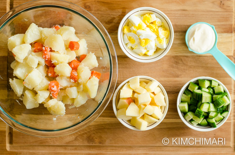 Korean Potato Salad Ingredients in bowls ready to mix