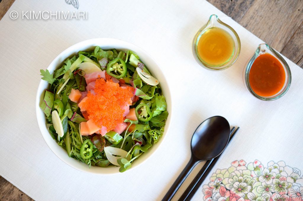 Korean Rice Bowl with Sashimi and Gochujang and Sesame oil