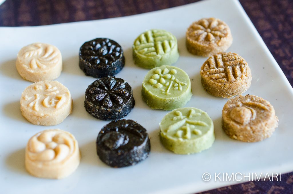 Korean Tea Cookies (Dasik) for Lunar New Year (White Sesame, Black Sesame, Green Tea, Sesame)