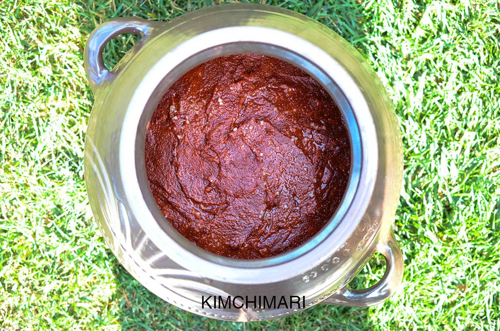 Korean Gochujang in glazed clay vessel (hangari/onggi)