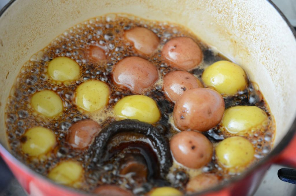 Korean Potato Side Dish (Gamja Jorim) with liquid reducing