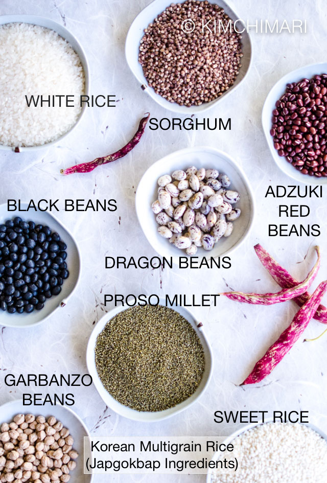 7 bowls of grains and beans ingredients for multigrain rice recipe