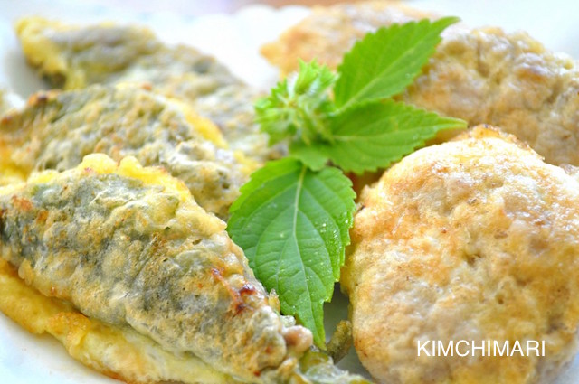 Korean beef patties (Wanja Jeon) and beef wrapped in kkaetnip (Kkaetnip Jeon)