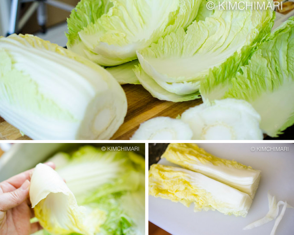 3 photos of napa cabbage leaves, pickling them in brine and slicing in half for bossam