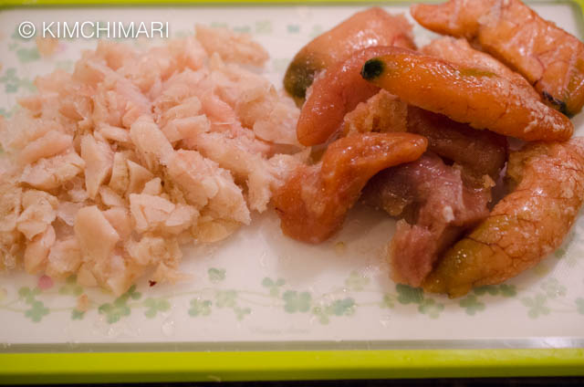 cod milt and pollock roe on cutting board