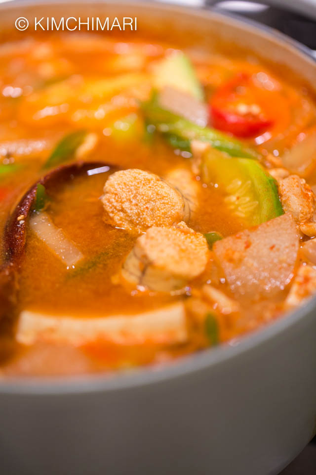 pollock roe stew or al tang in pot with a ladle