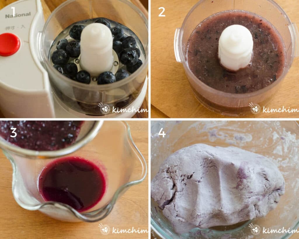 step by step pics of blending blueberries and making purple dough