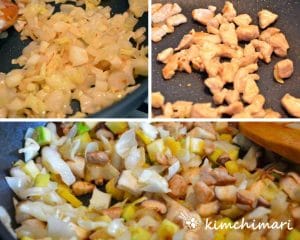 pics of sauteeing cabbages, onions and meat in frying pan