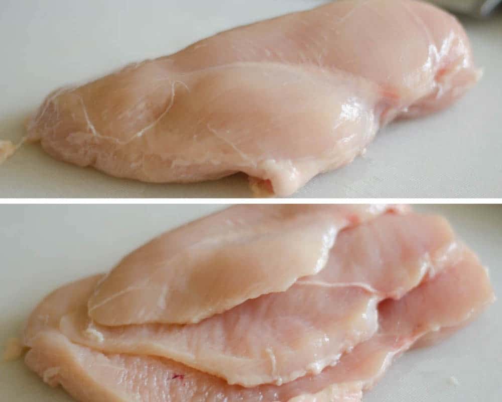 slicing chicken breast thinly with knife