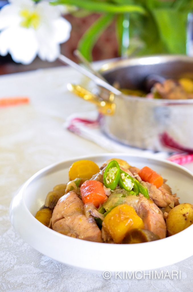 Soy Sauce Chicken Stew - Dakdoritang with carrots, colored potatoes and green chili peppers