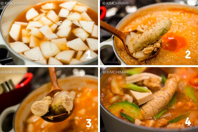 4 images of stages of cooking pollock roe (egg) stew