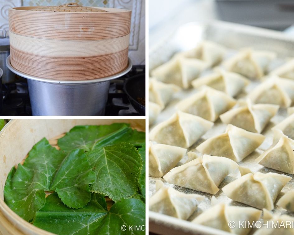 bamboo steamer lined with zucchini leaves and tray of uncooked vegetarian dumplings ready to cook