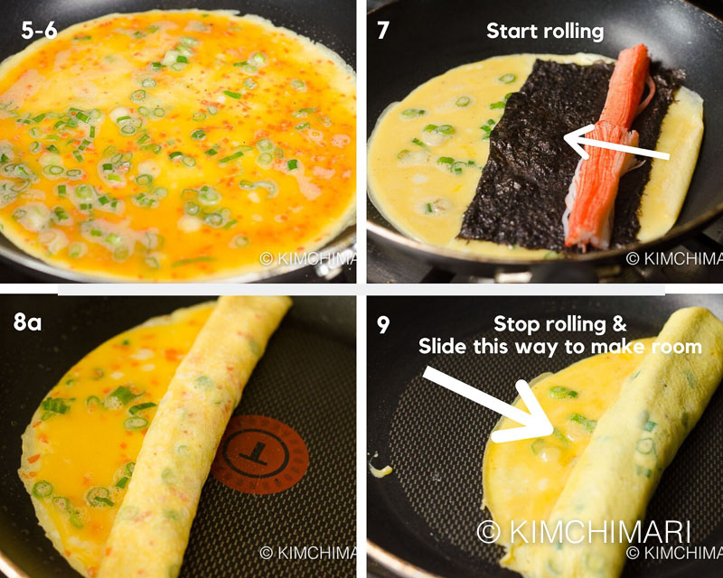 4 pics showing how to roll in frying pan