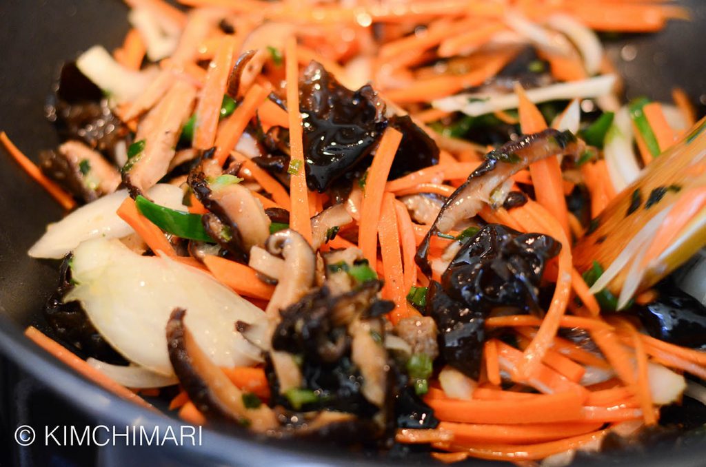 Stir-frying vegetables for Japchae