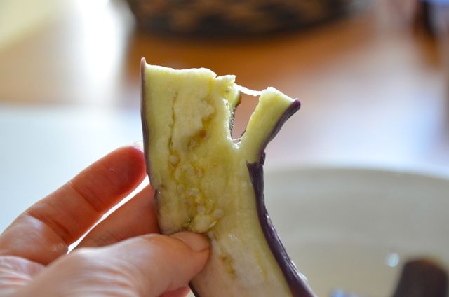 tearing steamed eggplant for namul