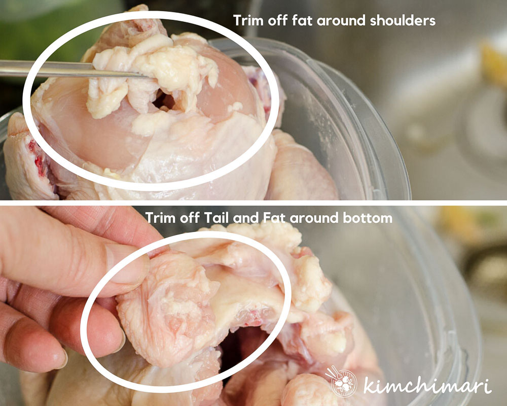 showing tail and shoulder part of chicken where fat needs to be trimmed off